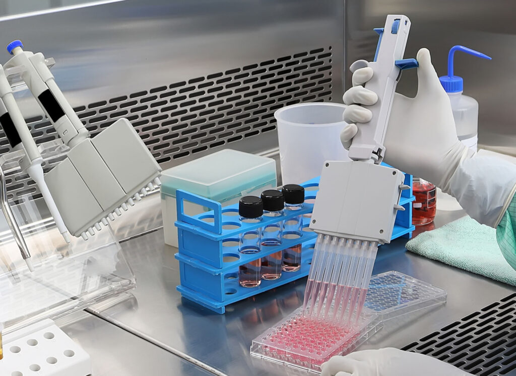 Especialista trabajando con multipipeta en laboratorio