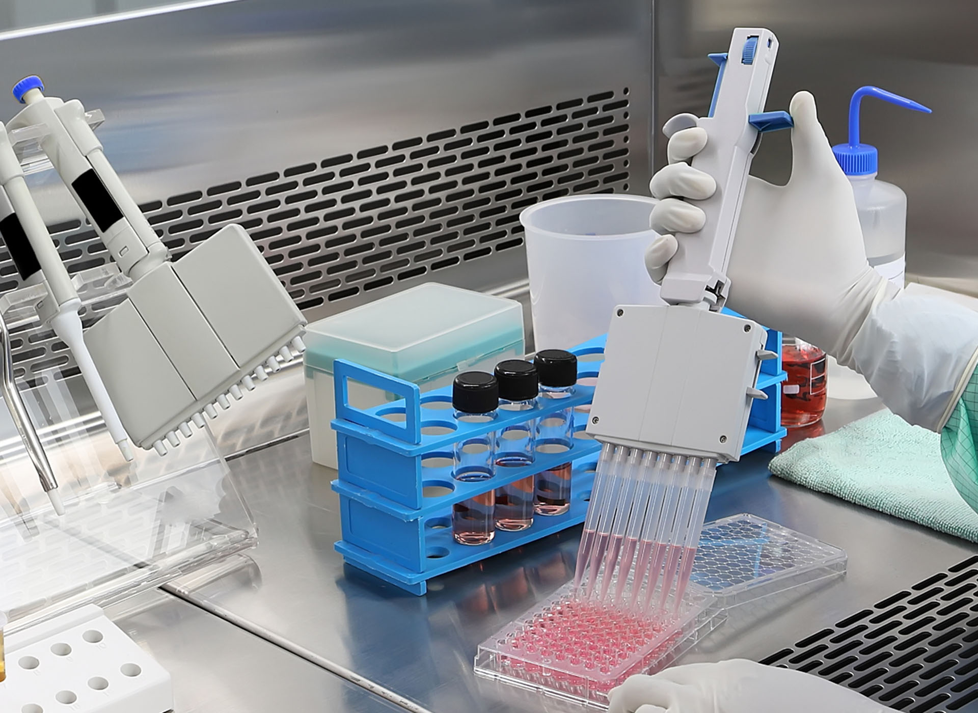 Especialista trabajando con multipipeta en laboratorio